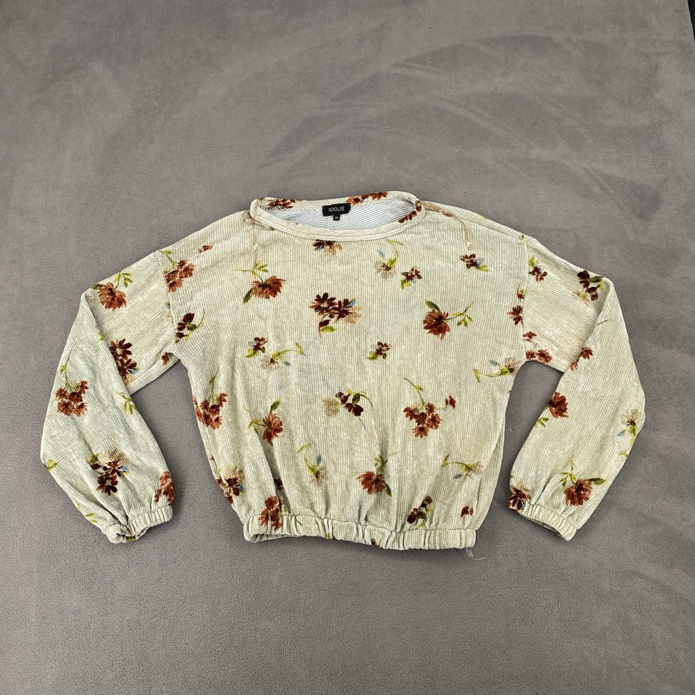 Roolee Womens Cream Floral Corduroy Knit Elastic Hem Long Sleeve Top Medium 5829